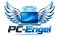 PC-Engel Logo: ein Laptop mit Engelsflügeln und Heiligenschein über dem Schriftzug PC-Engel.
