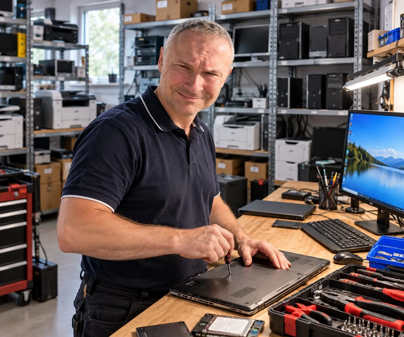 Ein Techniker repariert in der Werkstatt einen Laptop. Dahinter stehen Regale mit Computern und Druckern.