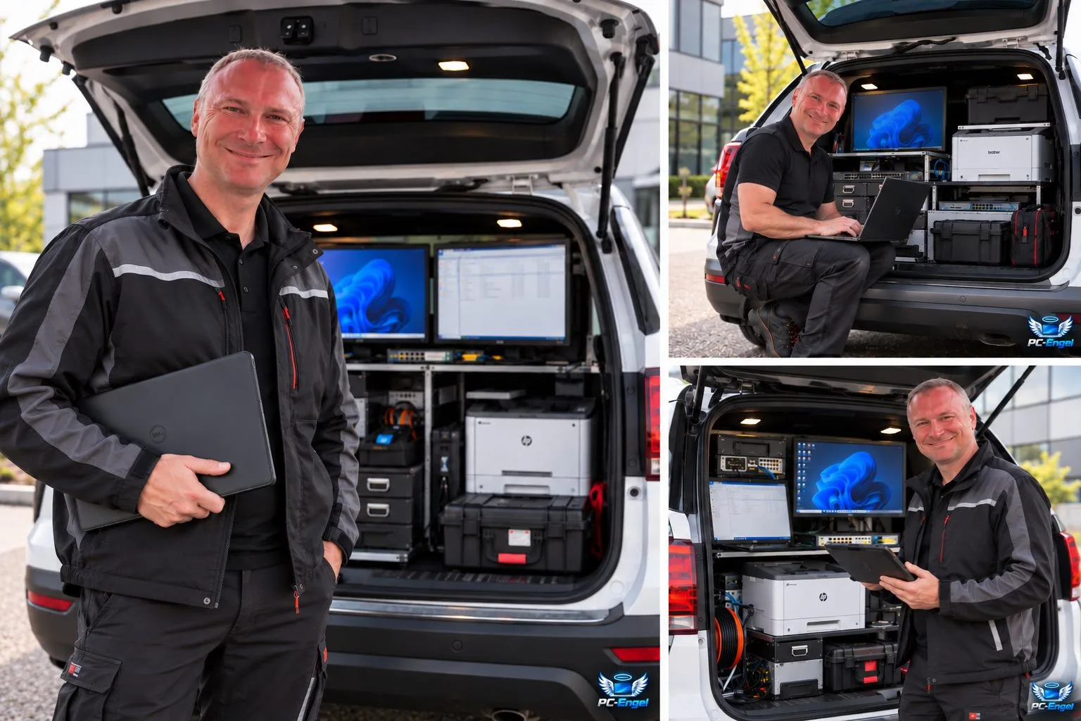 Drei Fotos eines Technikers an seinem Wagen. Im Kofferraum sind Bildschirme, ein Drucker und Werkzeugkoffer eingebaut.