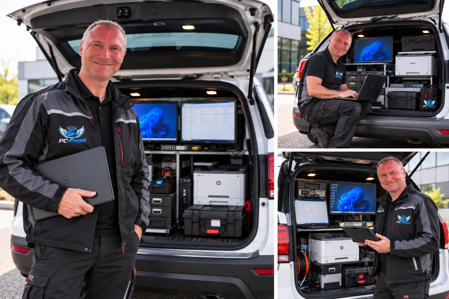 Drei Fotos eines Technikers in einer Jacke mit PC-Engel-Logo an seinem Wagen. Im Kofferraum sind Bildschirme, ein Drucker und Werkzeugkoffer eingebaut.