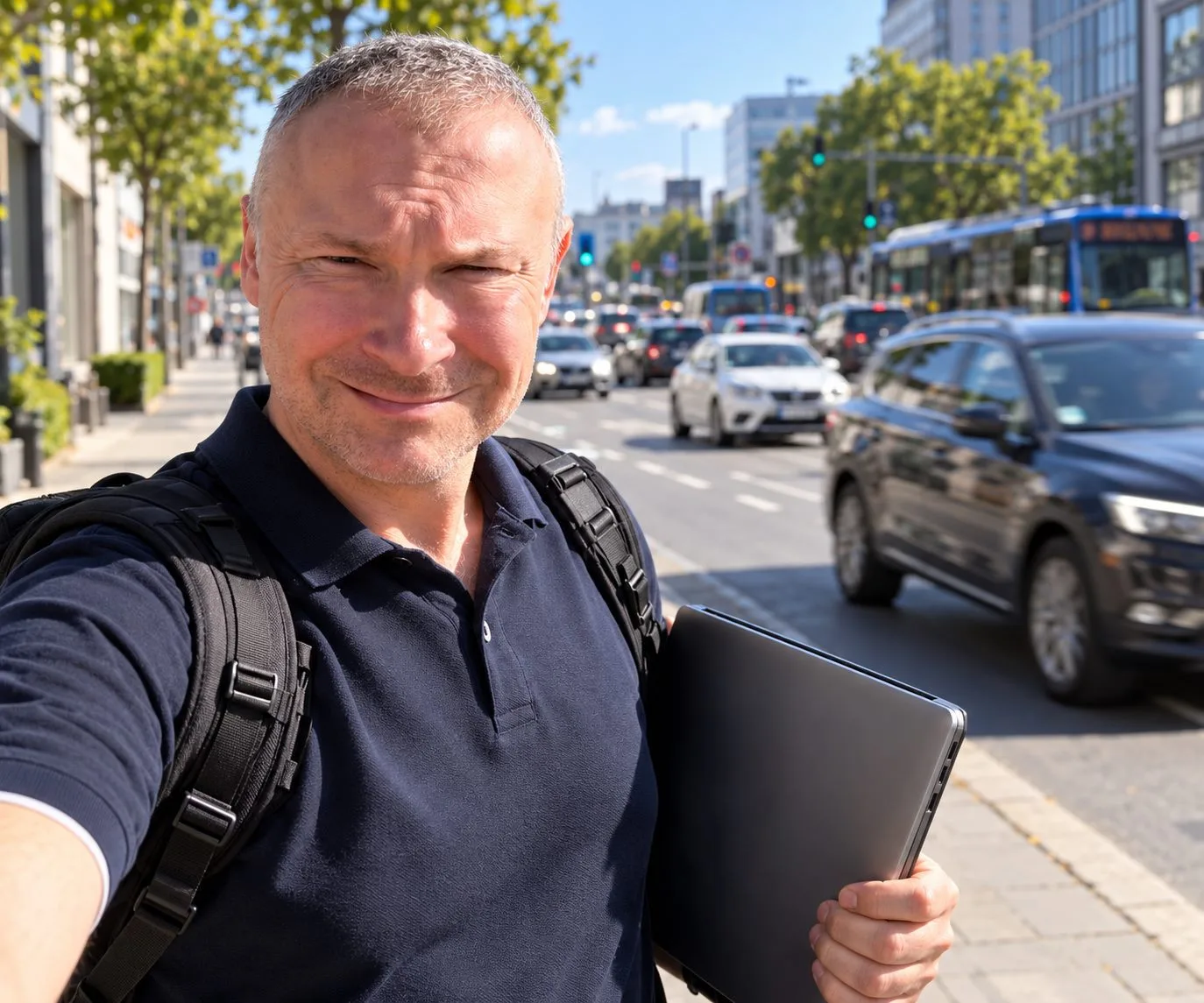 Ein Techniker mit Rucksack und Laptop unter dem Arm ist in der Stadt unterwegs.